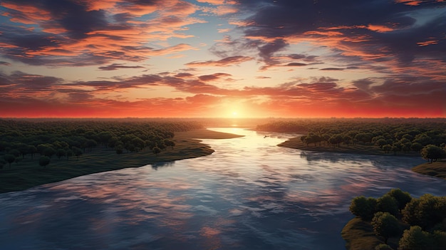 Hyperreal view of a peaceful river bend at sunset