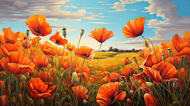 Hyperreal view of a vibrant field of wild poppies