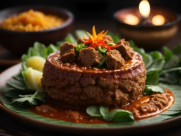 Hyperrealictic cinematic photo of rendang Indonesian Food landscape