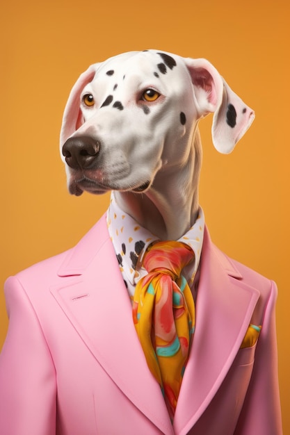 Hyperrealist portrait of a funky of Anthropomorphic Stylish The dalmatian in wearing haute couture