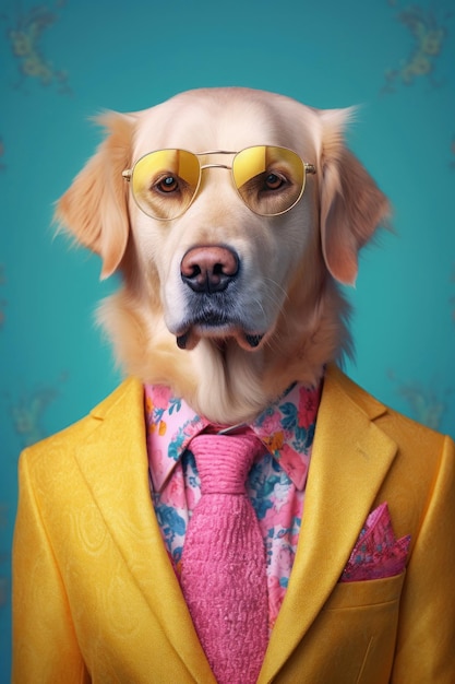 Hyperrealist portrait of a funky of Anthropomorphic Stylish The golden retriever