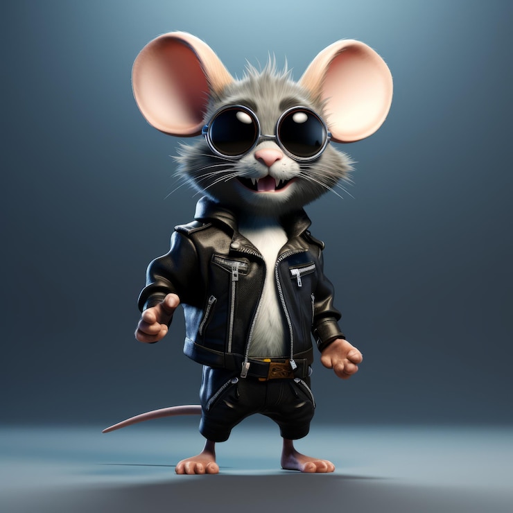 Фотография гиперреалистическая 3d мультфильмная мышь винтажная куртка солнцезащитные очки и панк-отношение