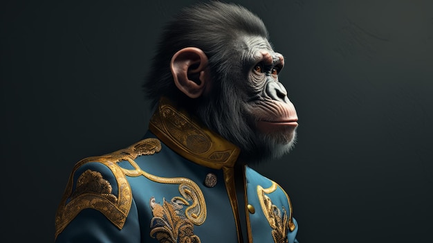 Hyperrealistic 3d Chimp In Military Uniform Baroque Elegance And Dark Cyan Aesthetics