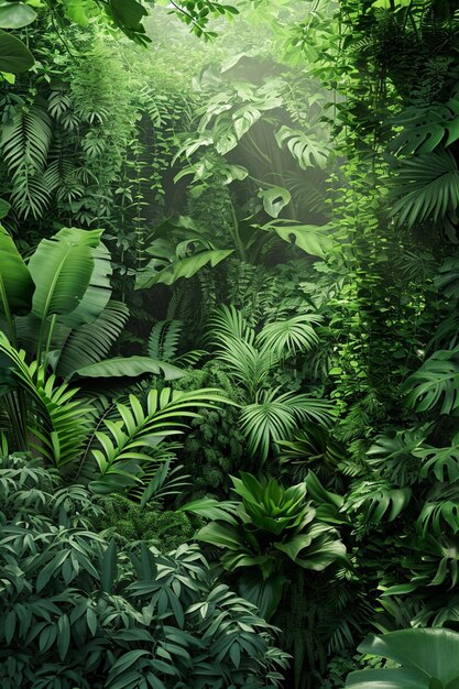 Hyperrealistic 3D image of a lush green jungle with a hidden wild jungle animal peering through the