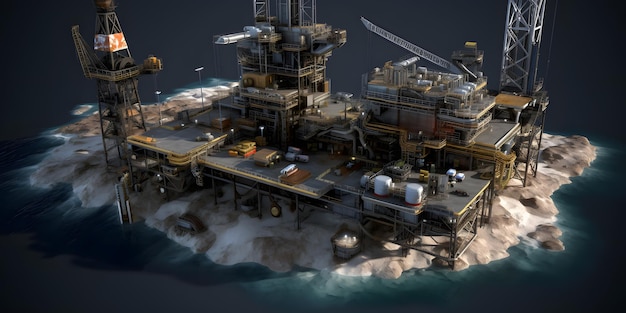 広大な海の真ん中にある石油掘削装置の前哨基地の超現実的な 3D レンダリング