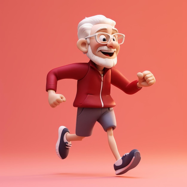 アニメ化された老人が走っている超現実的な3Dレンダリング