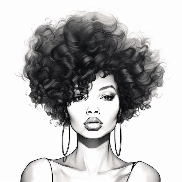 Hyperrealistic African American Afro Hair Illustration In Simple Line Drawing Style