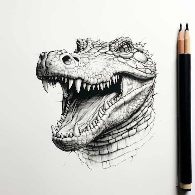 Photo hyperrealistic alligator head drawing minimalist pen lines and dark proportions