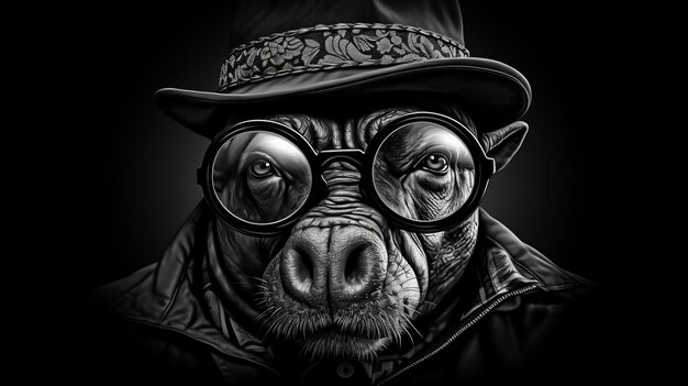 Foto ritratto di animale iperrealistico maiestoso maiale con occhiali e cappello