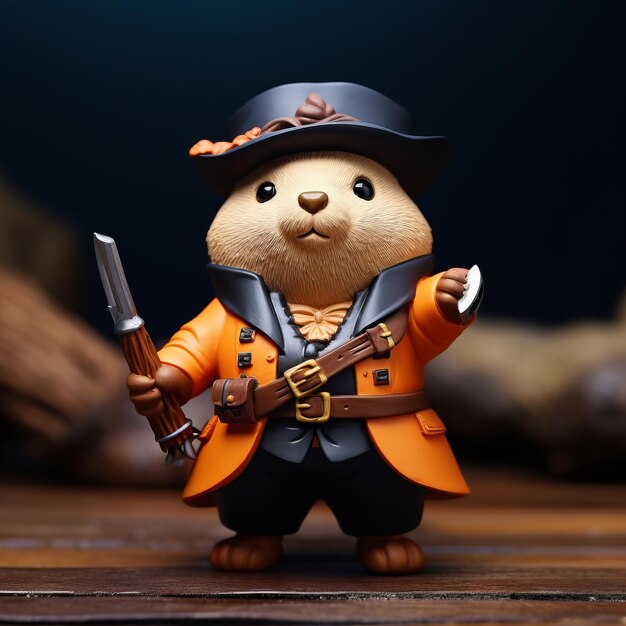 Hyperrealistic Animal Toy With Brown Coat And Sword