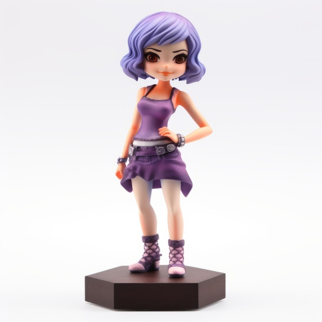 Photo hyperrealistic anime figurine in purple dress on wooden base