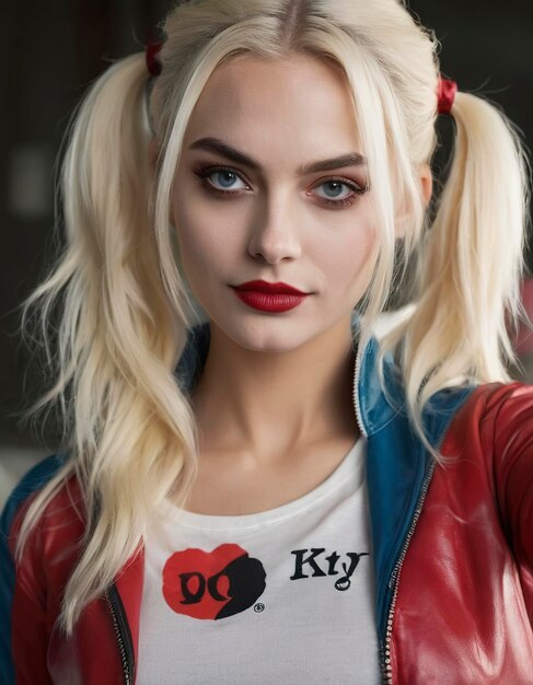 하이퍼리얼리즘 미술 마고트로비 (Margot Robbie) - 하리  (Harley Quinn) 플래티넘 금발 머리카락을 가진 여성이 시청자를 바라보고 있다.