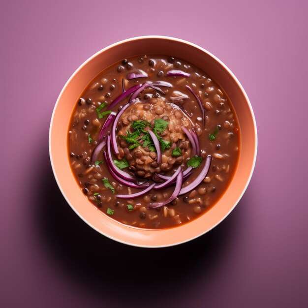 Hyperrealistic Black Eyed Pea Soup On Purple Background