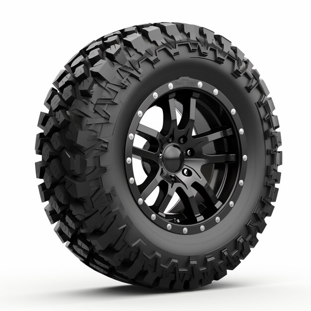 Photo hyperrealistic black off road tire design isolated on white