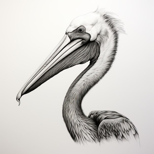 Photo hyperrealistic black sketch of pelican head with elongated forms