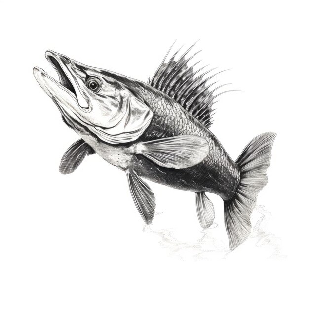 Photo hyperrealistic black and white drawing of a smallmouth bass