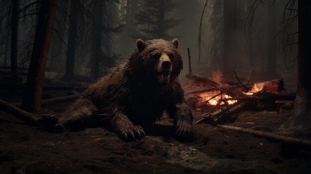 Photo hyperrealistic brown bear by burning campfire in unreal engine 5