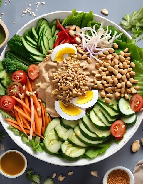 A hyperrealistic capture of a gadogado salad with peanut sauce drizzled over fresh vegetables e