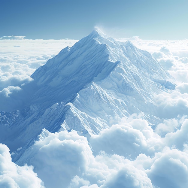 Hyperrealistic capture of a towering snowy mountain peak above a sea of clouds AI Generative