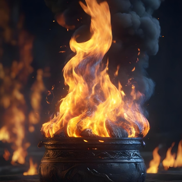 Hyperrealistic cauldron with fire