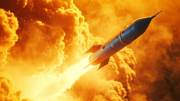 Foto una vista cinematografica iperrealistica di un razzo blu che si lancia in un'atmosfera gialla ai generative