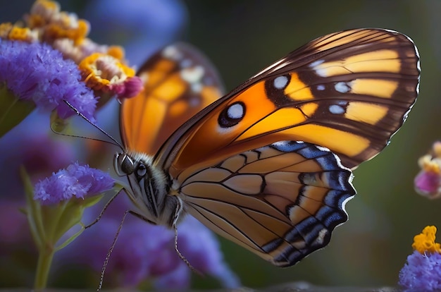 Hyperrealistic closeup photograph of a butterfly perched on a flower