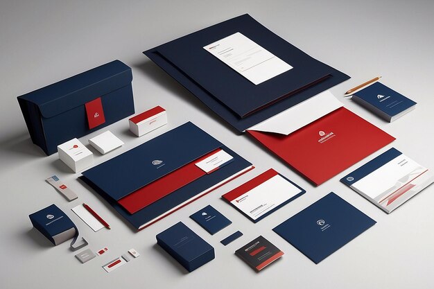 Foto hyperrealistic corporate identity design classic stationery template con palette blu e rossa quadrille texture e zenith lighting mockup