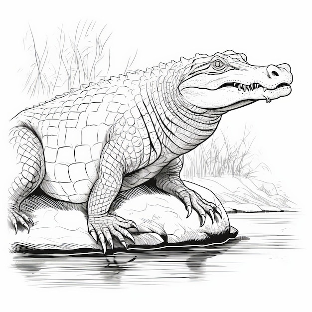 Фото Гиперреалистичный крокодил для окрашивания рисунка готовая черно-белая иллюстрация
