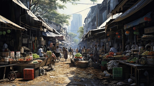 Hyperrealistic depiction of a bustling Asian street market