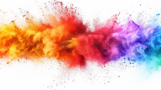 Foto rappresentazione iperrealistica di un'esplosione vibrante di vernice in polvere holi dell'arcobaleno che mostra una serie di colori vivaci su uno sfondo bianco puro ai generative