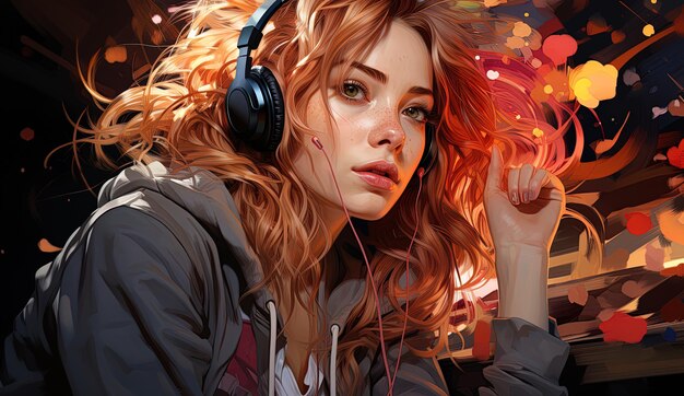 An Hyperrealistic drawing of a teenage girl studying with large headphones in her ears