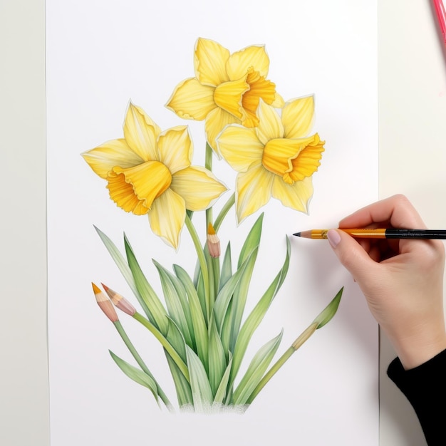 ステイシア・バーリントンによる鉛筆による黄色の水仙の超現実的な描画
