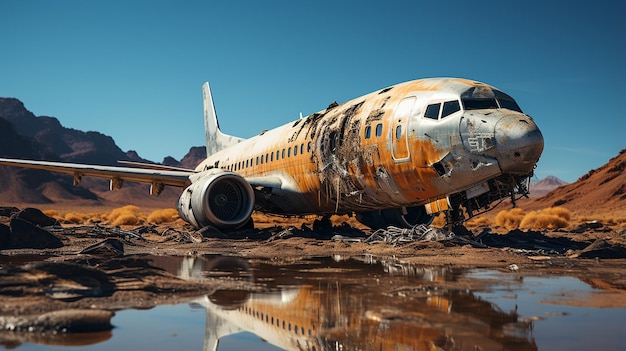 사막에서의 비행기 추락 사고에 대한 초현실적인 극도의 디테일