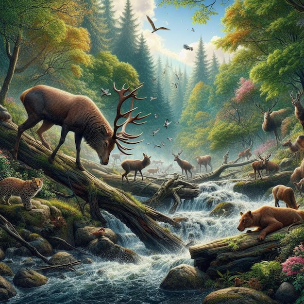 A hyperrealistic eyecatching and aweinspiring picture of animals and the forest