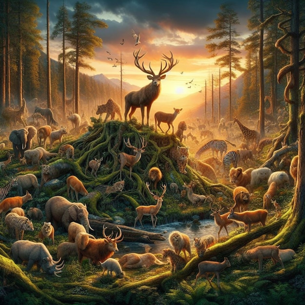 A hyperrealistic eyecatching and aweinspiring picture of animals and the forest