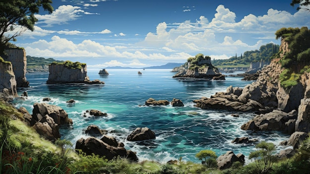 Photo hyperrealistic fantasy coastal meadow with panoramic ocean view