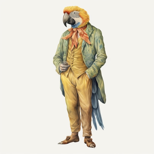 Hyperrealistic Fauna Vintage Watercolored Illustration Of A Person With Parrots