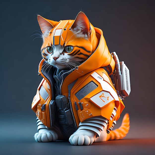 Гиперреалистический футуристический солдат-кошка изометрический вид с киберпанковой курткой на белом фоне