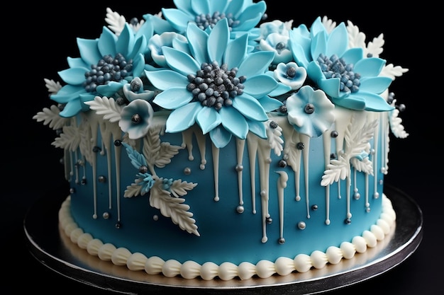 Hyperrealistic gelato with ornate blue sakura flower cake