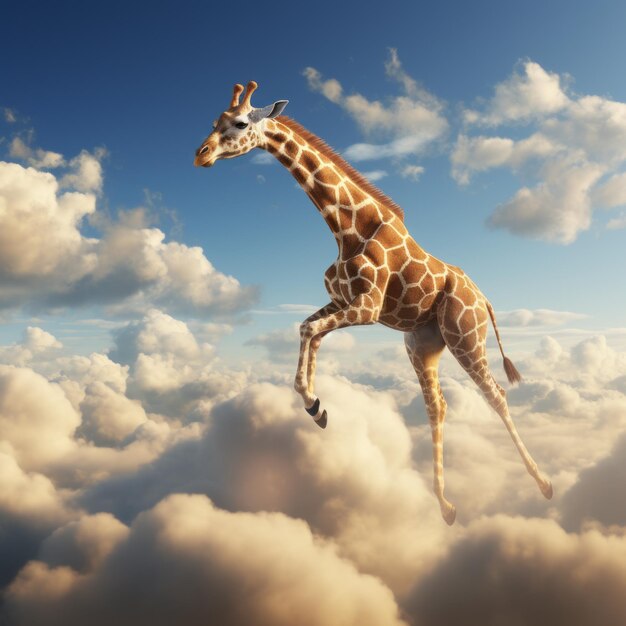 Гиперреалистичный жираф, летящий над облаками