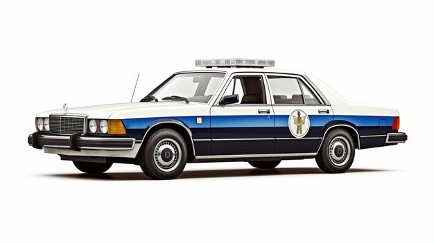 Foto illustrazione iperrealistica di un'auto della polizia degli anni '80 su sfondo bianco