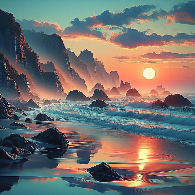 Photo hyperrealistic illustration of a serene coastal landscape during sunset