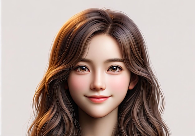 Photo hyperrealistic illustrations portrait of a young girl with long brown hair and a white background