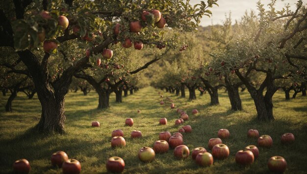 Foto un'immagine iperrealistica di un antico frutteto di mele ai generative