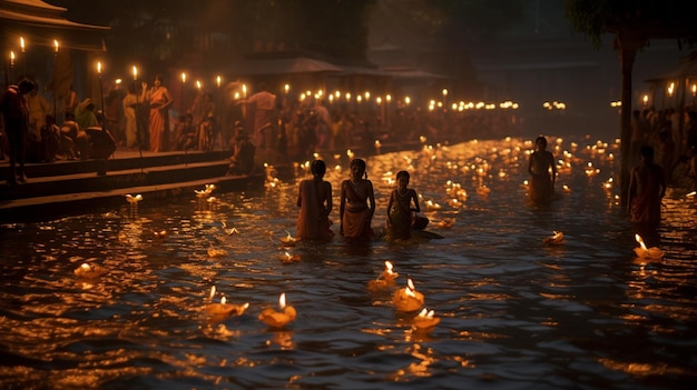Photo hyperrealistic image of a group of people celebrating kartik purnima in a river