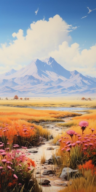 Hyperrealistic Landscape Painting Steppe In Front Of Majestic Mountains