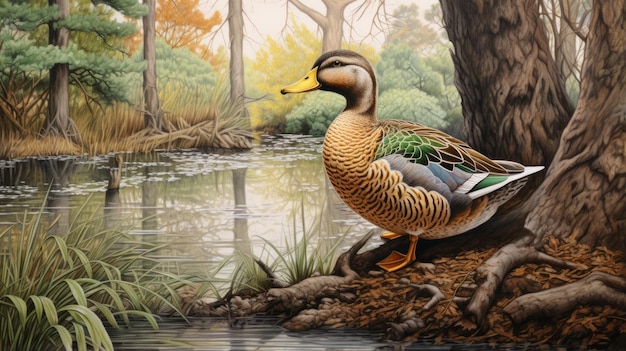 Photo hyperrealistic mallard duck in forest acrylic painting