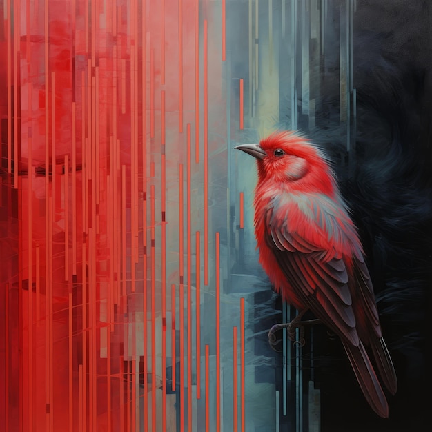 Hyperrealistic Oil Painting Of A Bird In Front Of Red Lines