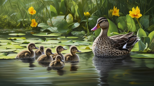 Hyperrealistic Oil Painting Of Ducks And Their Ducklings In A Pond