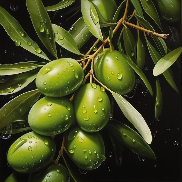 Photo hyperrealistic olive branch with dew drops oil painting